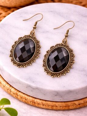 Vintage Victorian Black Stone Drop Earrings - Unbranded